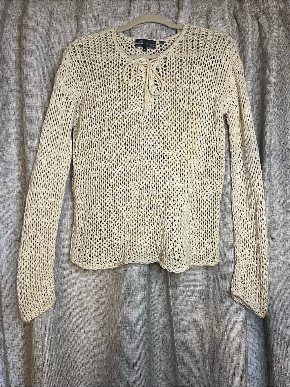 Vince Hand-Knitted Open Weave Crochet Tie-Neck Sweater M